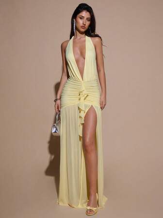 SHEIN BAE Vestido longo feminino sexy minimalista, de malha, amarelo, creme, com decote em V profundo, frente única, franzido e justo, adequado para festas, coquetéis, ocasiões formais, madrinhas, aniversários, Natal, casual para negócios, vestido longo feminino elegante