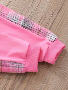 SHEIN Tween Girl Plaid Patchwork Hoodie And Pants Set - Pink - View 3