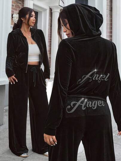 GalTyme 大码女式水钻字母印花拉链连帽衫和阔腿裤休闲两件套，秋冬