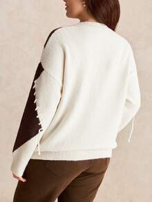 EMERY ROSE Plus Size Rhombus Color Block Lace-Up Design Crew Neck Long Sleeve Sweater, Comfortable Casual Commuter - Apricot - View 2