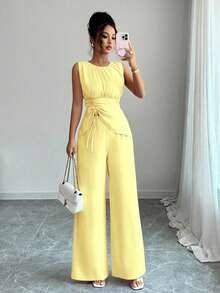 Elenzga Women's Chiffon Halter Asymmetrical Drawstring Hem Top + Wide Leg Pants 2 Pieces Set - Yellow - View 5