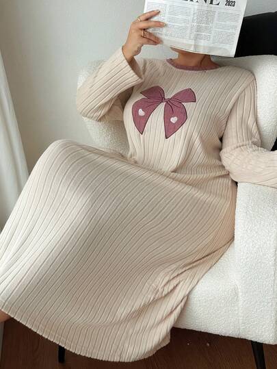 Dream Adore Plus Size Women Ribbed Heart Embroidery Crew Neck Long Sleeve Long Nightgown, Autumn/Winter Loungewear Dress, Cozy Outfit