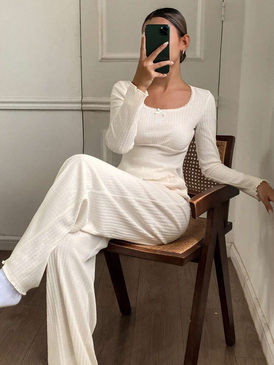 DAZY Comfortable Textured Knit Women Lounge Set, Cozy Outfit Fall Winter Clothes - White - View 1