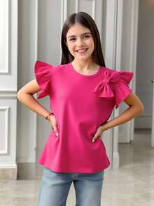 Tween Girl Bow Front Ruffle Trim Tee - Hot Pink - View 5