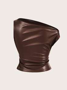 Siren Gaze Áo da nữ thời trang thường ngày thập niên 90 chụp ảnh đường phố xuân thu màu trơn cổ xếp ly áo ba lỗ PU không tay áo đi chơi áo mùa thu áo nữ thích hợp để đi chơi và dự tiệc áo giáng sinh - Cà phê nâu - Xem 3