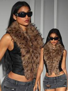 Jeanoix Women's Autumn/Winter Faux Fur Patchwork Lapel Vest Jacket - Black - View 1