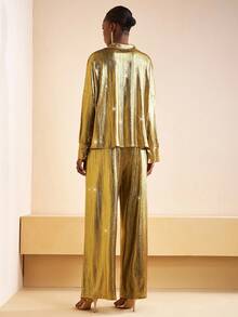 Zivah 2025 Thu Mới Về Halloween Sinh Nhật Tiệc Tiệc Phong Cách Đại Học Sinh Viên Hàng Ngày Thường Ngày Cơ Bản Đa Năng Du Lịch Du Lịch Nổi Tiếng Đi Làm Thanh Lịch Thường Ngày Công Sở Áo Sơ Mi Tay Dài Rộng Kết Hợp Với Quần Ống Rộng, Vải Bóng Phủ Sọc Dọc Vàng, Bộ 2 Món Cho Nữ, Bộ Đồ Dự Tiệc - Vàng - Xem 2