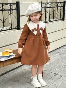 Elladie kids 1 件女童秋季连衣裙，彼得潘领，蝴蝶结装饰，前开襟，长袖，宽松版型，时尚，适合派对、生日，2025 年 - 棕色 - 查看 3