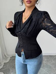 SHEIN LUNE Women's Vintage Elegant Woven Patchwork Lace V-Neck Ruched Waist Long Sleeve Blouse, Ladies Outerwear Suitable For Business Commute, Work Attire - Black - View 5