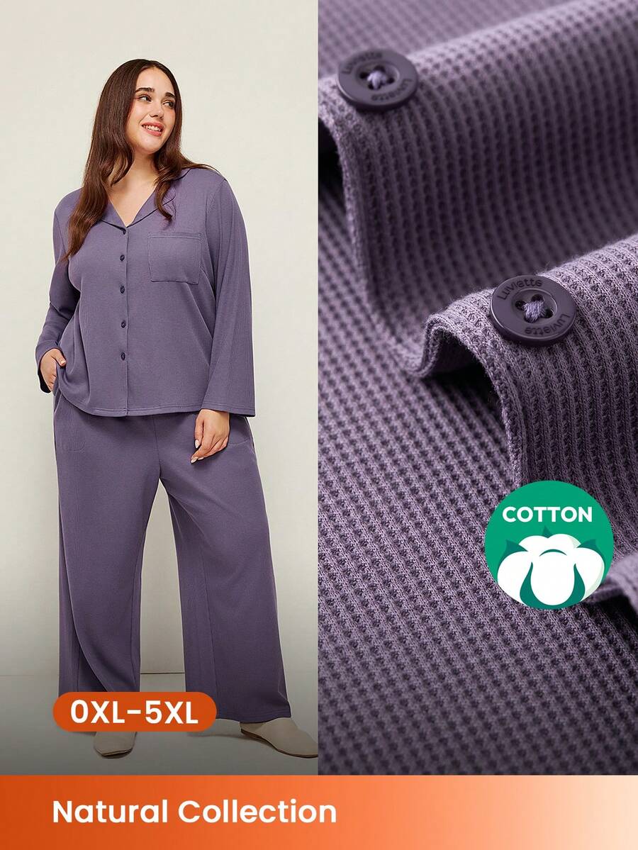 LUVLETTE Conjunto de pijama de talla grande de algodón suave y cómodo con textura de waffle a cuadros clásica, con top de manga larga y pantalones, ropa de otoño - Morado - Ver 1