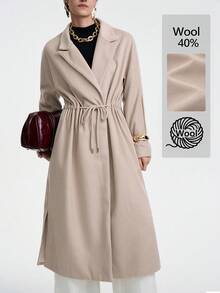 SHEIN LUNE Áo khoác dài tay dài bằng len pha ve áo trễ vai, thắt nơ, eo rút, cổ bẻ cho nữ, trang phục công sở thường ngày, đi làm, phong cách đường phố cổ điển thanh lịch, thời trang mùa đông đa năng, lễ Tạ ơn, tiệc tùng, trở lại trường, thu/đông - Màu Khaki - Xem 7