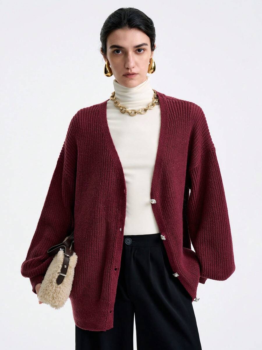 Aalyst Women's Solid Color Drop Shoulder Long Sleeve Single-Breasted Casual Knit Cardigan, Autumn/Winter - Red - View 1