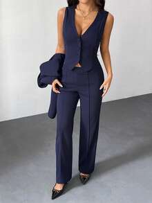 SHEIN PETITE 三件套：深蓝色长袖西装外套、马甲和长裤，性感通勤约会装，秋冬季舒适女装，商务休闲女装，女士西装裤套装，两件套女装 - 藏蓝色 - 查看 3