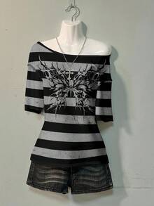 Attitoon Áo thun hở vai tay ngắn họa tiết bướm sọc đen xám phong cách Punk Goth cho nữ, mùa xuân/thu/đông - Nhiều màu - Xem 2