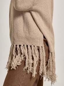 MUSERA Plus High Neck Ribbed Knit Drop Shoulder Fringe Trim Hem Long Sleeve Top Sweater , , Winter, Cool Girl, Cosy, Everyday  Spring - Khaki - View 2