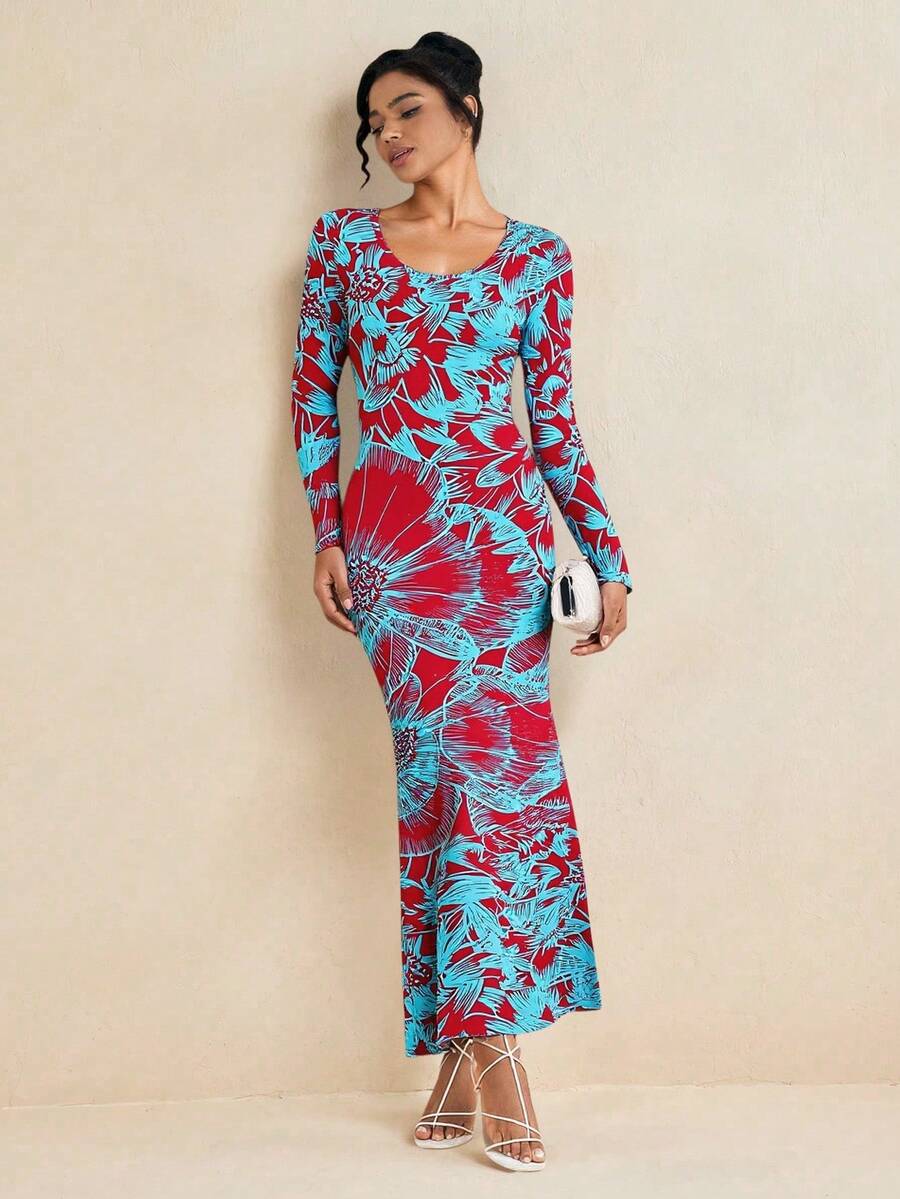 JIAN  LASALA Đầm midi dài tay ôm sát, co giãn tốt, in họa tiết hoa Jian Lasala, kiểu dáng thanh lịch, trang nhã, tối giản, gợi cảm dành cho nữ, phù hợp cho mặc hàng ngày, đi làm, đi chơi, du lịch, hẹn hò, dự tiệc mùa thu/đông. Đầm dài hoa nữ, đầm dài đi nghỉ mát, đầm maxi dài tay nữ, đầm dài thường ngày, đầm dài tay nữ. - Nhiều màu - Xem 1