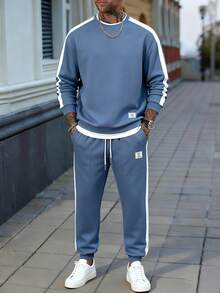 Manfinity Homme Men's Autumn Letter Print Long Sleeve T-Shirt And Drawstring Waist Pants Casual Suit, Cozy Outfits