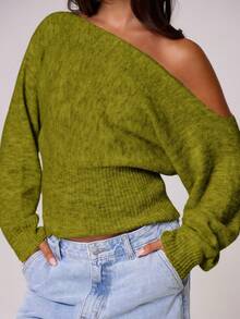 MUSERA 蓬松针织不对称领口收腰马海毛上衣，复古、可爱、乡村、田园风、休闲家居服，适合女士穿着，焦糖色晚宴派对优雅春季毛衣 - 軍綠色 - 查看 2