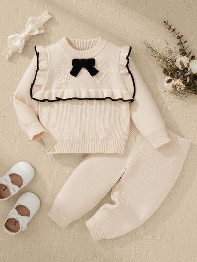 Souflis Souflis 女婴毛衣套装，时尚可爱休闲蕾丝蝴蝶结针织毛衣+针织裤，柔软舒适，适合日常、外出、旅行、度假、居家、托儿所和女婴玩耍。女婴针织套装，两件套奶油色女婴服装，女婴毛衣套装，婴儿套装，秋冬季节，冬季圣诞节万圣节开衫毛衣，秋季