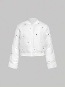 SHEIN MOD 加大码白色水钻格子绗缝外套，松紧腰宽松款，优雅水钻装饰加厚保暖外套 - 白色 - 查看 2