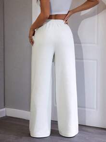 SHEIN PETITE 舒适休闲纯色针织阔腿女式运动裤 - 白色 - 查看 2