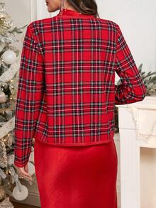 Ellevyn Women's Round Neck Long Sleeve Red Plaid Elegant Casual Outerwear, Suitable For Christmas, Holiday, Autumn/Winter Fall Clothes For Women Jacket Christmas
