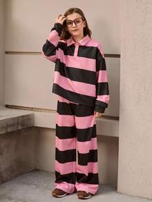 SHEIN Tween-Mädchen 2-teiliges Outfit, gestreiftes Sweatshirt mit lockerem Kragen und lockerer, lässiger Jogginghose, lässiges Herbst-/Winter-Farbblocking in Pink und Kaffee, weich und bequem für den Alltag - Pink - Übersicht 3