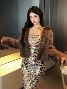 DAZY 女式纯色长袖单排扣仿皮草夹克，秋冬 - 鏽棕色 - 查看 7
