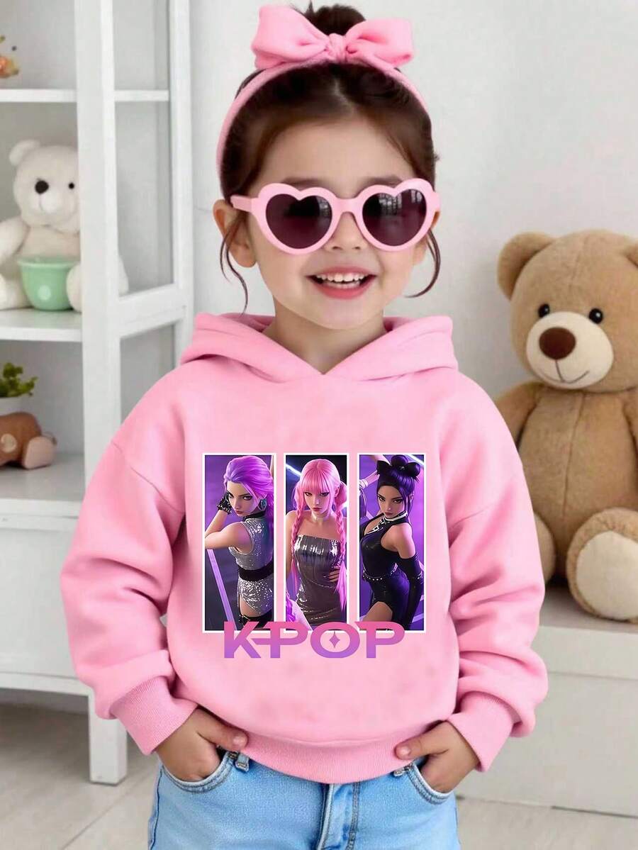 Young Girl Cartoon K-POP Girl Print Hoodie With K-POP Character And Logo, Pink, Suitable For Autumn/Winter Outfits