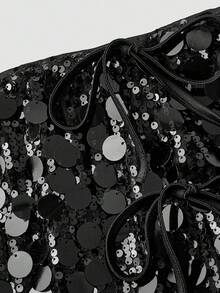 SHEIN MOD Plus Size Women's Solid Color Side Slit Sequin Embellished Midi Skirt, Suitable For Party Occasions, Fall - Black - View 3