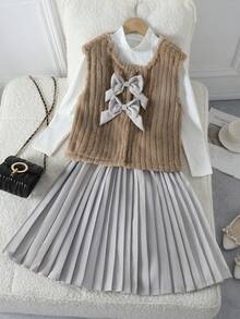 2pcs Women Vintage Casual Outfit - Sleeveless Furry Vest And Pleated Gray Mini Skirt - Multicolor - View 5
