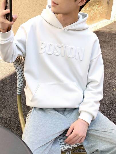 Teen Boy Casual College Style Letter Embossed Design Sweatshirt, Suitable For College, Casual, Sports Wear