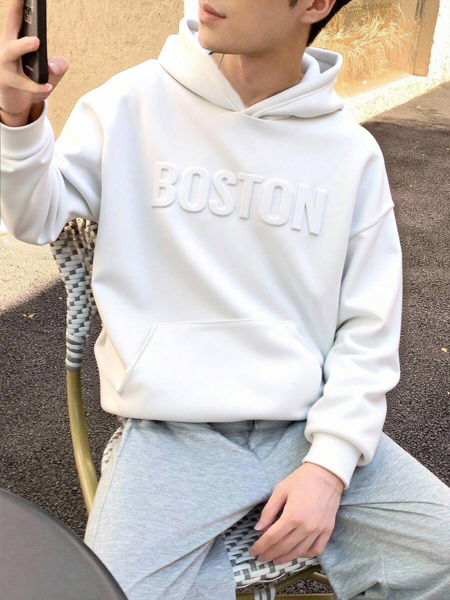Sudadera informal con diseño de letras en relieve, estilo universitario para adolescentes, adecuada para uso casual, universitario y deportivo - Blanco - Ver 1