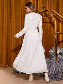 Amorya Women's Elegant Crew Neck Cardigan & Chiffon Skirt 2 Piece Set, Suitable For Daily & Occasion Wear, Autumn White Elegant Dress Women Long Sleeve Elegant Dress White Modest Dress White Skirt Set White Abaya Elegant Women's Set , Women Autumn Winter  Maija Fall Winter 2025 Women Maija - White - View 9