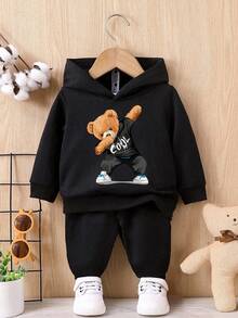 2pcs/Set Baby Boy Casual Simplistic Loose Cartoon Bear Pattern Knit Soft Hoodie And Sweatpants Outfit, Suitable For Fall/Winter