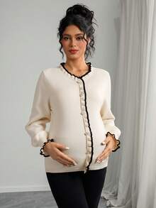 Momance Femmes Ample Ajustement Col V Contraste Couleur Volant Lanterne Manche Faux Bouton Design Décontracté Maternité Tricot pull, Automne/Hiver