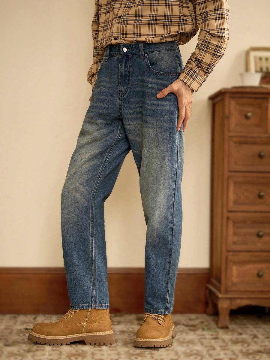 RivetRise Quần Jeans Nam Ống Thẳng Phong Cách Cổ Điển, Dáng Rộng, Thường Ngày, Có Túi - Rửa trung bình - Xem 1