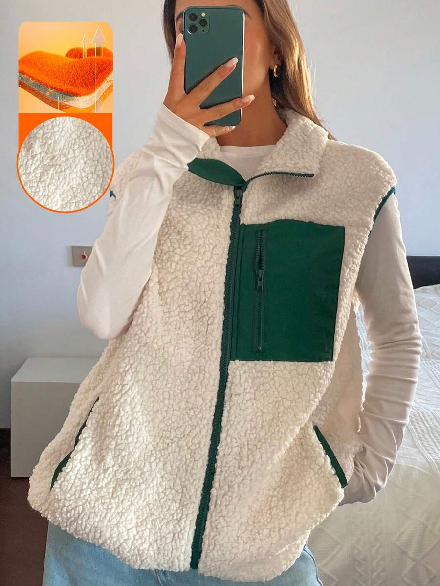 DAZY 女士秋冬宽松羊羔绒背心，商务休闲街头风立领外套，常规款女式外套 - 米色 - 查看 1