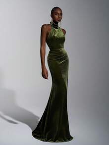 Elitara 优雅荷叶边领露背美人鱼下摆紧身开衩连衣裙，适合婚礼、派对、度假、舞会、伴娘（成人） - 綠色 - 查看 3