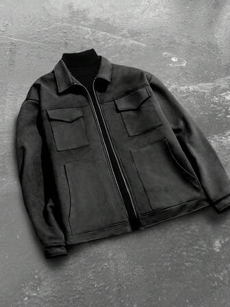 Manfinity Roghcode メンズカジュアル ルーズフィット ドロップショルダー ジップアップ ワークジャケット、ブラック テックウェア ジャケット、秋冬