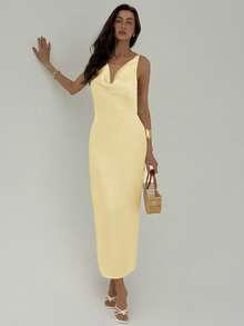 Aloruh Đầm hở lưng cổ khoét sâu màu trơn thanh lịch gợi cảm - Vàng nhạt - Xem 7