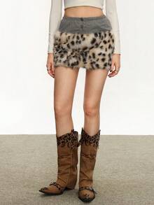 Rina Fox Women's Leopard Print Faux Fur Patchwork Sexy Mini Skirt