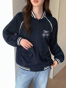 Modelyn 蝴蝶结刺绣蕾丝边长袖休闲街头棒球夹克女秋冬装 - 藏蓝色 - 查看 5