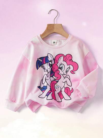 My Little Pony X SHEIN Young Girl Casual Cute Cartoon Unicorn & Tie-Dye Print Dropped Shoulder Loose Pullover Sweatshirt, Autumn/Spring Long Sleeve Kids Girls