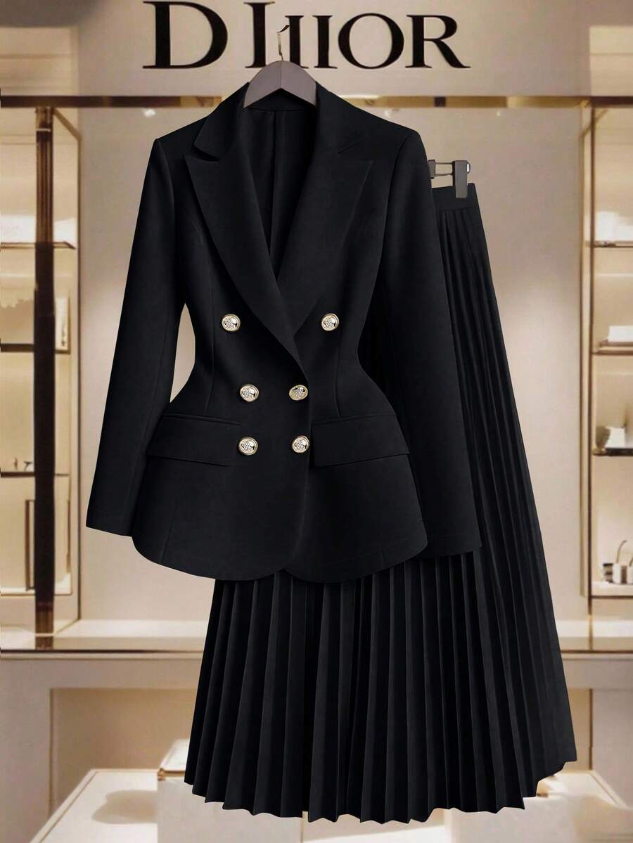 GlowEve 女士金色纽扣装饰西装外套 + 百褶裙优雅休闲通勤百搭简约时尚黄色两件套 - 黑色 - 查看 1