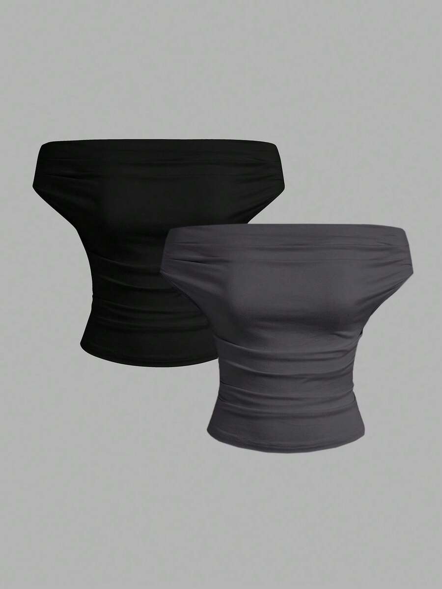 SHEIN EZwear 2 件套纯色露肩荷叶边上衣，夏季新款百搭百搭女装 - 彩色 - 查看 1