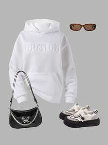 Sudadera informal con diseño de letras en relieve, estilo universitario para adolescentes, adecuada para uso casual, universitario y deportivo - Blanco - Ver 4