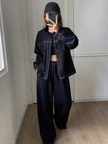 Livesso 女士秋季高领宽松外套和休闲裤两件套家居服套装 - 藏蓝色 - 查看 3