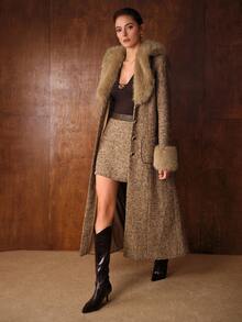 MOTF PREMIUM WOOL TWEED ELEGANT LUXURY FURRY COLLAR BELTED OVERCOAT