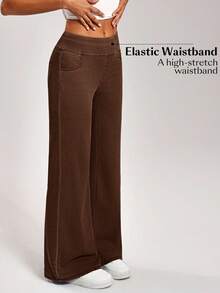 Flexra 女式松紧腰口袋阔腿宽松休闲牛仔裤 - 咖啡棕 - 查看 6